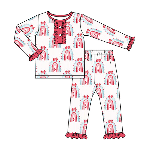 (Custom Design Preorder MOQ 5) Rainbow Heart Print Girls Valentine's Pajamas Clothes Set