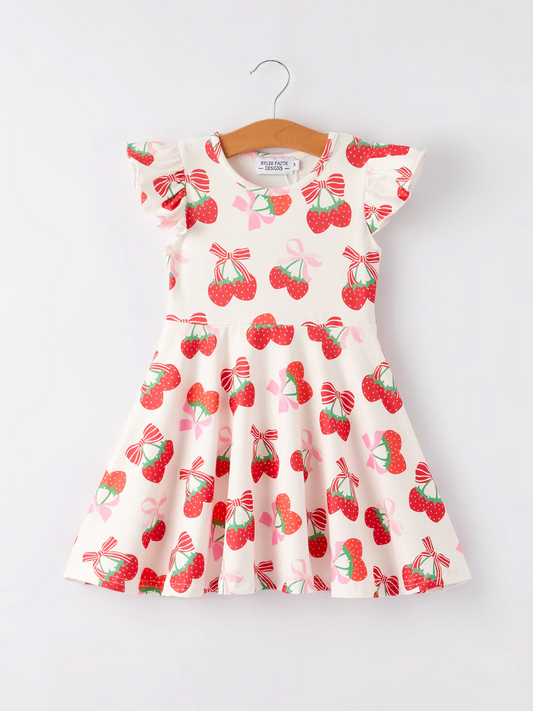 (Custom Design Preorder MOQ 5) Strawberry Bows Print Girls Knee Length Summer Dress