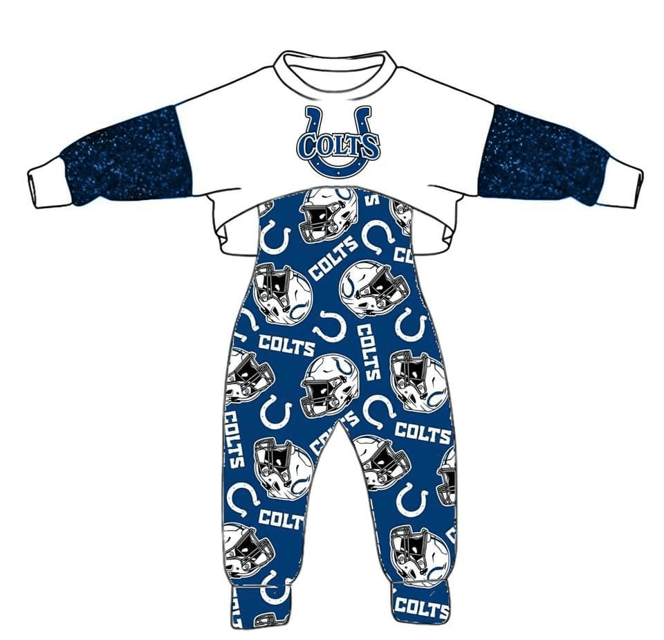 (Custom Design Preorder MOQ 5) Team's COLTS Print Jumpsuits Girls 2 Pieces Fall Clothes Set