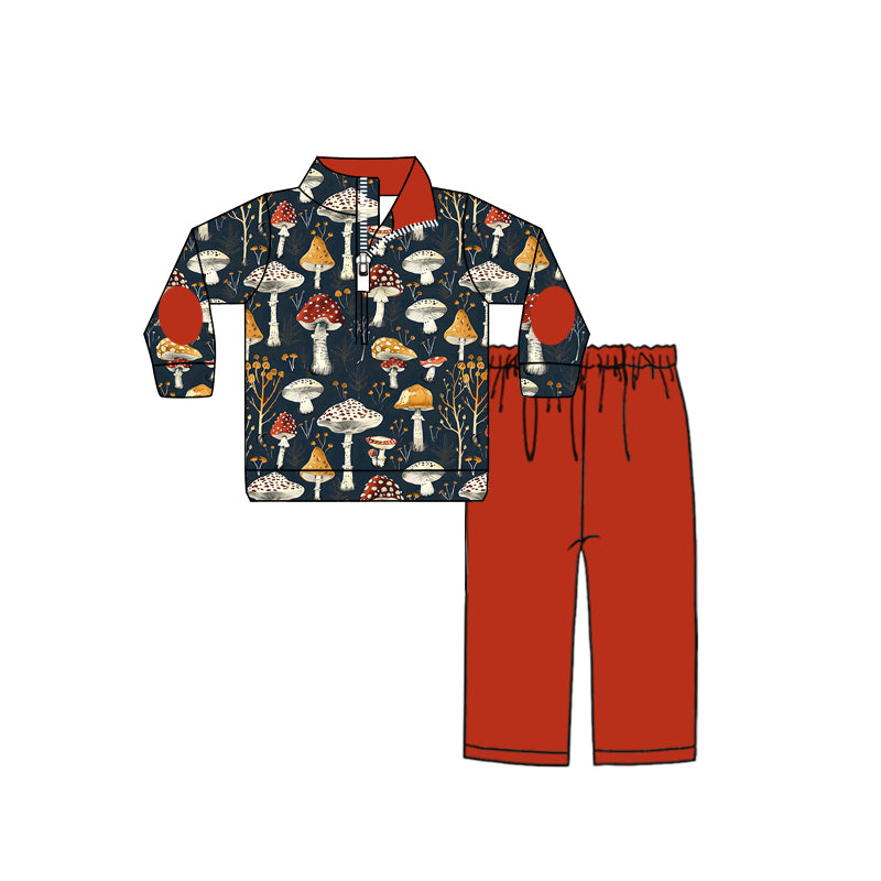 (Custom Design Preorder MOQ 5) Mushroom Top Red Pants Boys Fall Clothes Set
