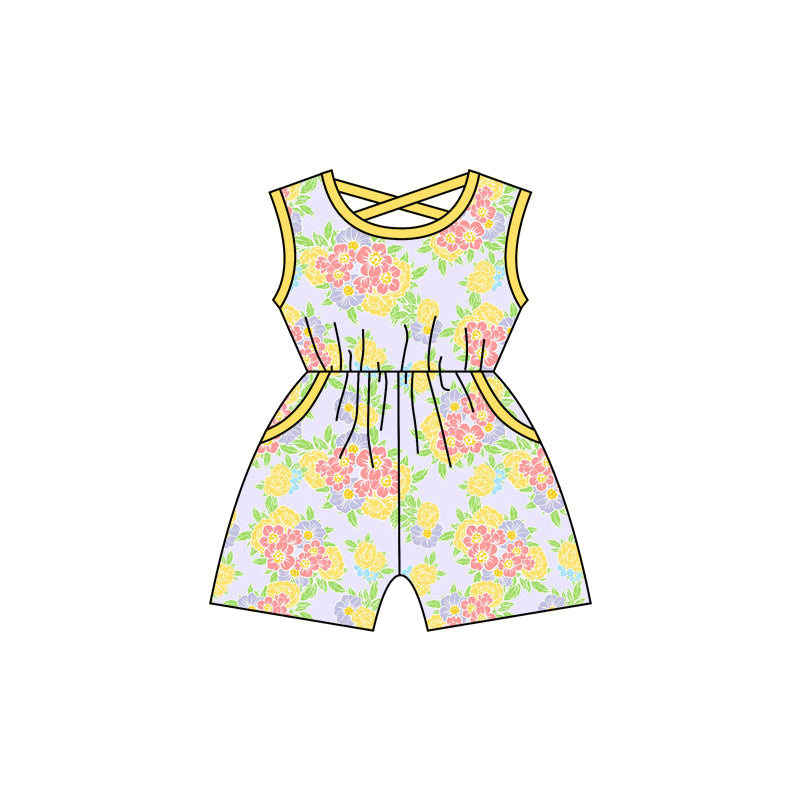 (Custom Design Preorder MOQ 5) Yellow Flowers Print Pockets Girls Summer Jumpsuits