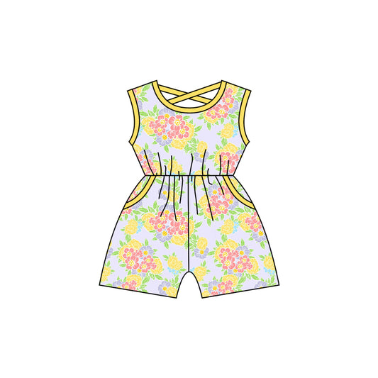 (Custom Design Preorder MOQ 5) Yellow Flowers Print Pockets Girls Summer Jumpsuits