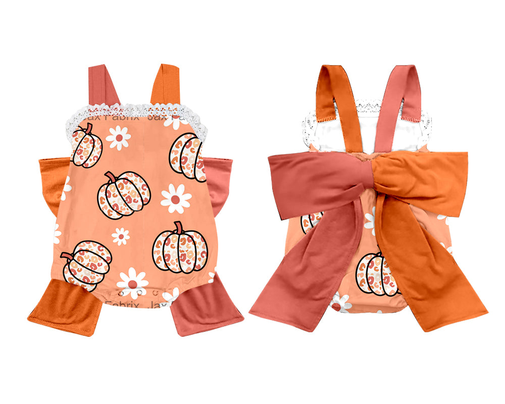 (Custom Design Preorder MOQ 5) Flowers Pumpkin Print Baby Girls Fall Romper Big Bow On the Back