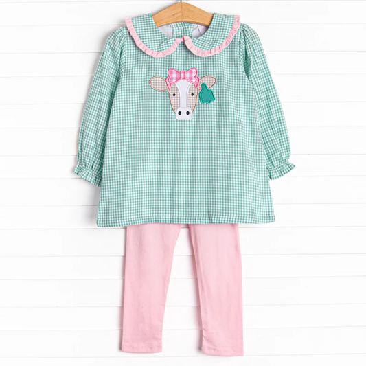 (Custom Design Preorder MOQ 5) Cows Green Plaid Tunic Top Pink Pants Girls Fall Clothes Set