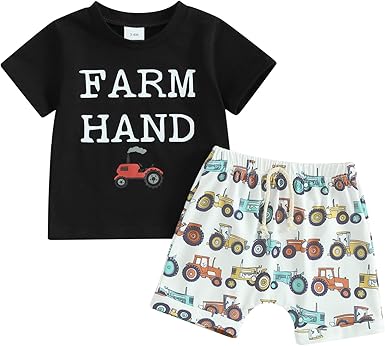 (Custom Design Preorder MOQ 5) Farm Hand Black Top Tractors Shorts Boys Summer Clothes Set