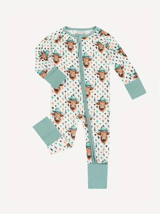 (Custom Design Preorder MOQ 20) Highland Cow Cactus Print Baby Boys Fall Bamboo Sleeper Zipper Romper