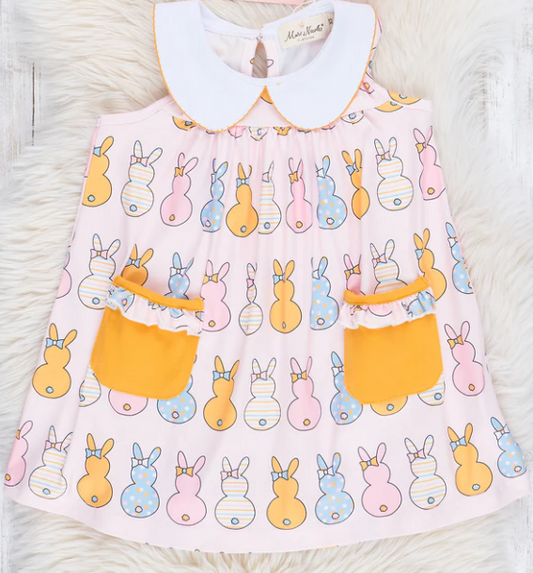 (Custom Design Preorder MOQ 5) Bunny Print Pockets Girls Easter Knee Length Dress