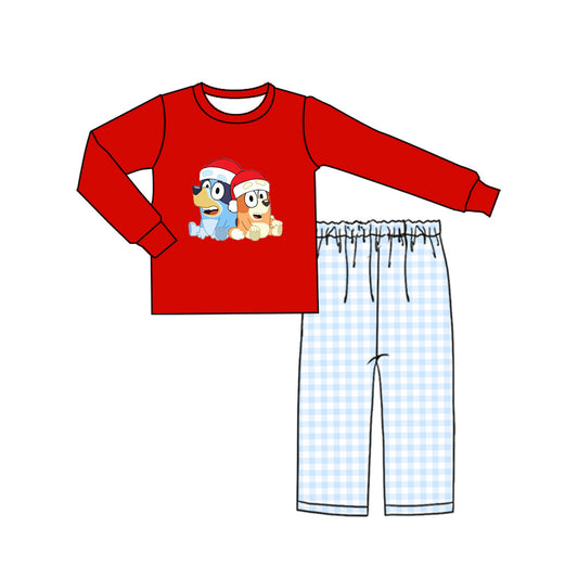 (Custom Design Preorder MOQ 5)  Cartoon Dog Red Top Plaid Pants Boys Christmas Clothes Set