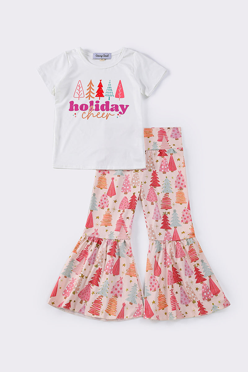 (Custom Design Preorder MOQ 5) Pink Holiday Tree Top Bell Pants Girls Christmas Clothes Set