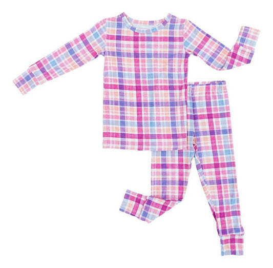 (Custom Design Preorder MOQ 5)  Pink Purple Plaid Print Girls Pajamas Bamboo Clothes Set