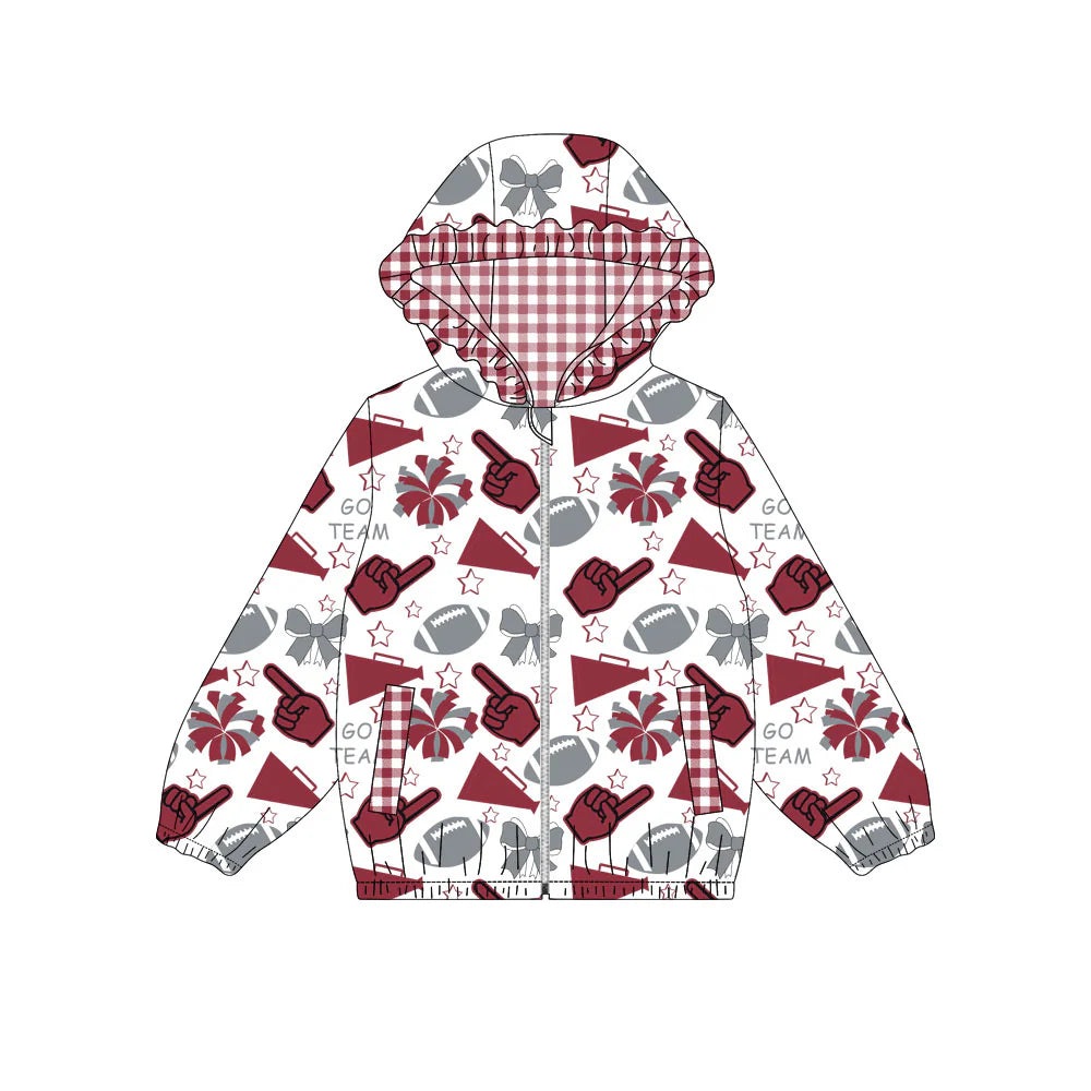 (Custom Design Preorder MOQ 5) Wine Grey Go Team Cheer Bows Print Pockets Girls Long Sleeve Zipper Jackets Top