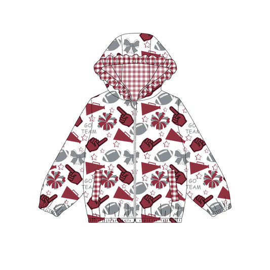 (Custom Design Preorder MOQ 5) Wine Grey Go Team Cheer Bows Print Pockets Girls Long Sleeve Zipper Jackets Top