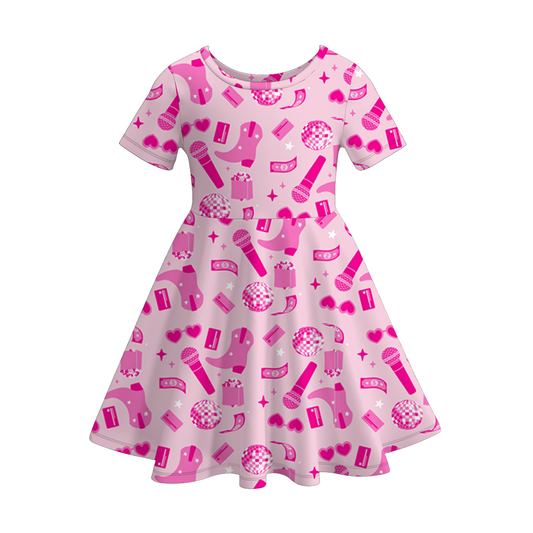 (Custom Design Preorder MOQ 5)  Disco Boots Pink Print Girls Knee Length Summer Dress