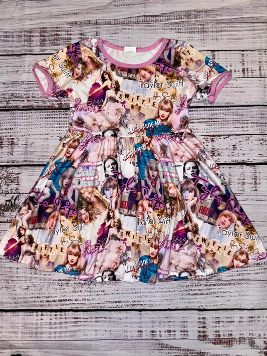 (Custom Design Preorder MOQ 5) Singer Swiftie Print Girls Summer Knee Length Dress