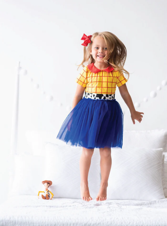 (Custom Design Preorder MOQ 5) Cartoon Yellow Plaid Print Girls Knee Length Summer Blue Tulle Dress