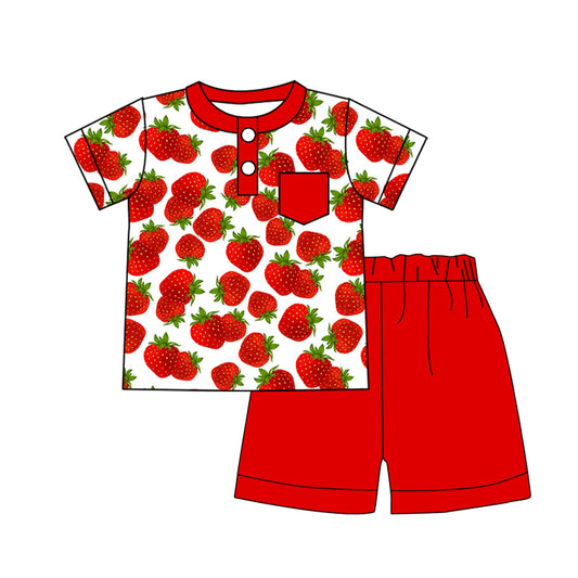(Custom Design Preorder MOQ 5)  Strawberry Pocket Polo Top Red Shorts Boys Summer Clothes Set