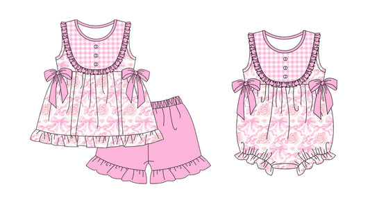 5.22(Custom Design Preorder MOQ 5 Each Design) Flowers Bows Pink Print Girls Summer Matching Clothes Sisters Wear