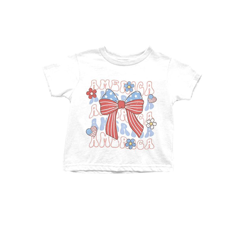 11.27(Custom Design Preorder MOQ 5 ) America Flowers Bows Print Girls 4th of July Tee Shirts Top