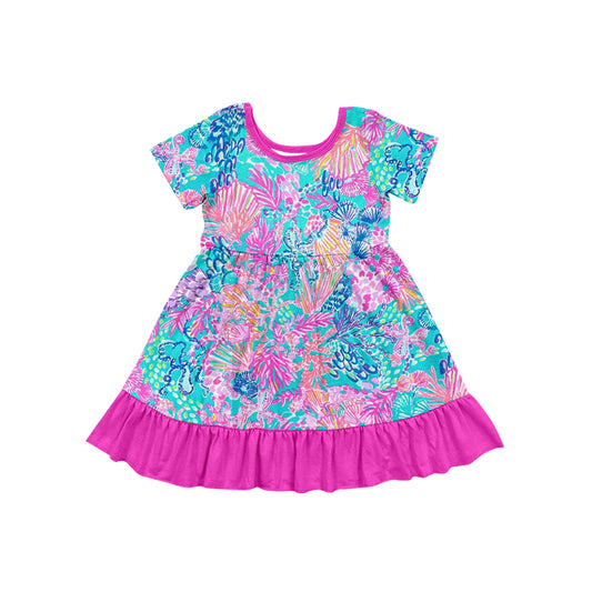 12.10(Custom Design Preorder MOQ 5) Seaweed Pink Print Girls Summer Knee Length Dress