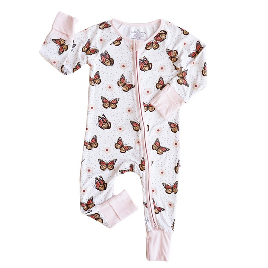 (Custom Design Preorder MOQ 5)  Butterfly Pink Flowers Print Baby Girls Bamboo Fall Sleeper Zipper Romper