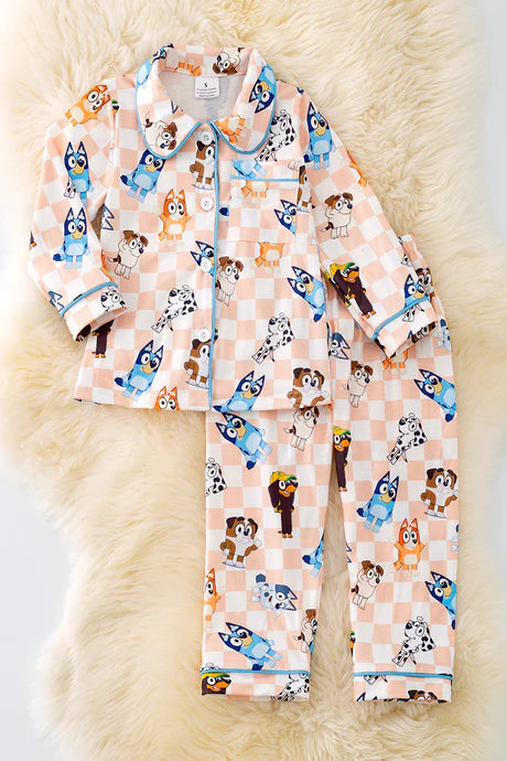 (Custom Design Preorder MOQ 5) Cartoon Dog Plaid Print Girls Fall Buttons Pajamas Clothes Set