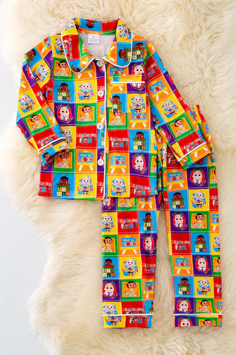 (Custom Design Preorder MOQ 5) Cartoon Baby Plaid Print Girls Fall Buttons Pajamas Clothes Set