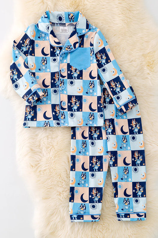 (Custom Design Preorder MOQ 5) Cartoon Dog Blue Plaid Print Kids Fall Buttons Pajamas Clothes Set