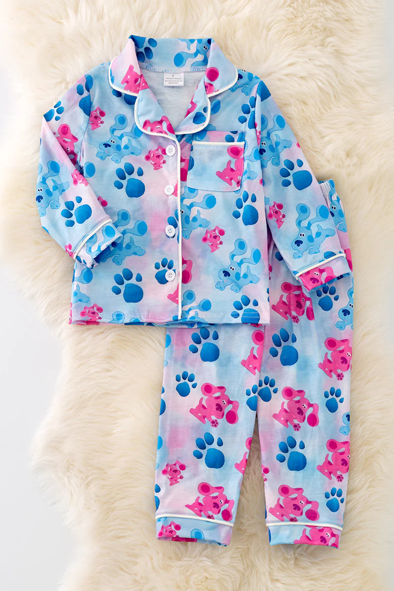 (Custom Design Preorder MOQ 5) Cartoon Dog Paw Print Girls Fall Buttons Pajamas Clothes Set
