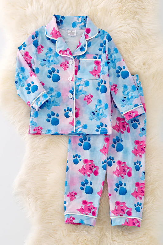 (Custom Design Preorder MOQ 5) Cartoon Dog Paw Print Girls Fall Buttons Pajamas Clothes Set