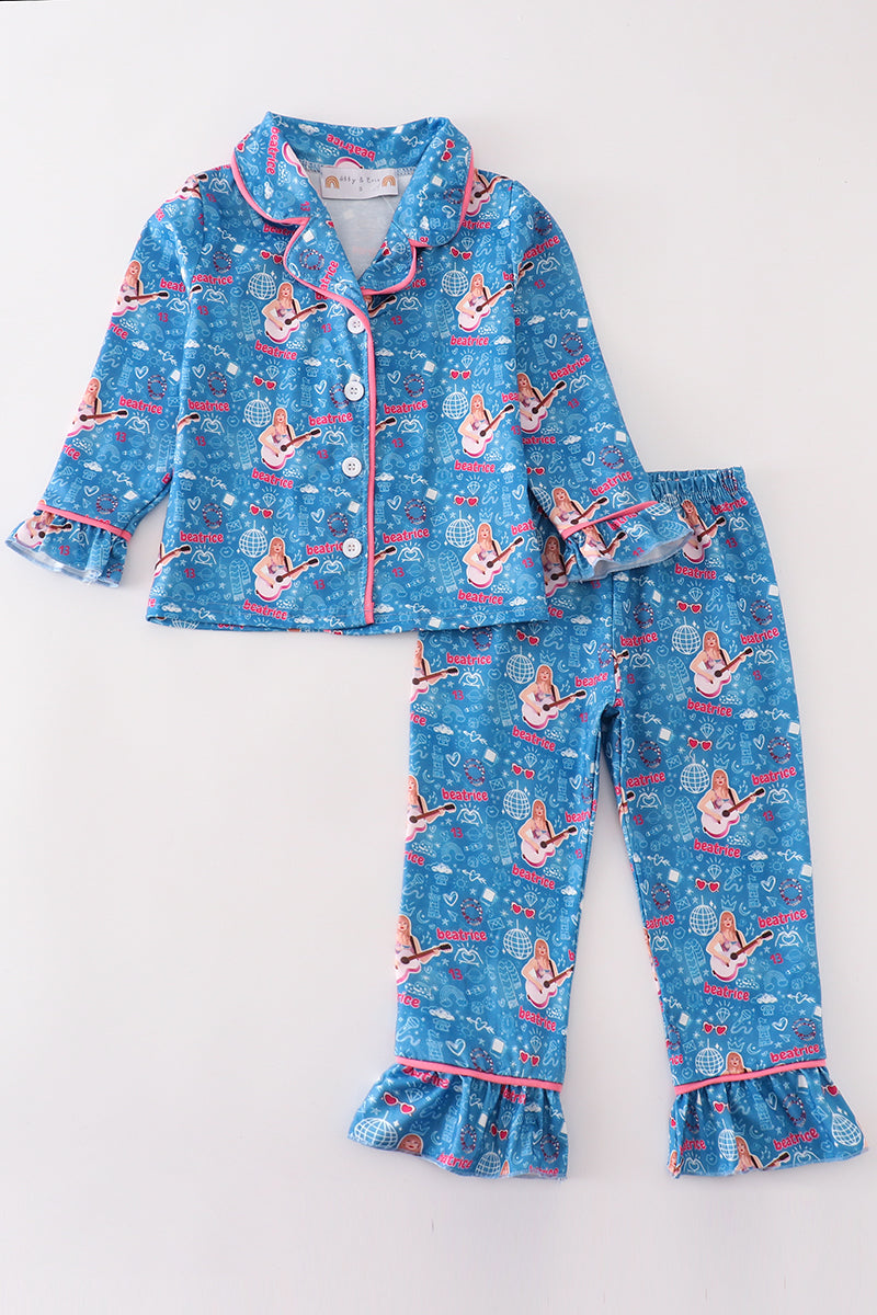 (Custom Design Preorder MOQ 5) Singer Swiftie Blue Print Girls Fall Buttons Pajamas Clothes Set