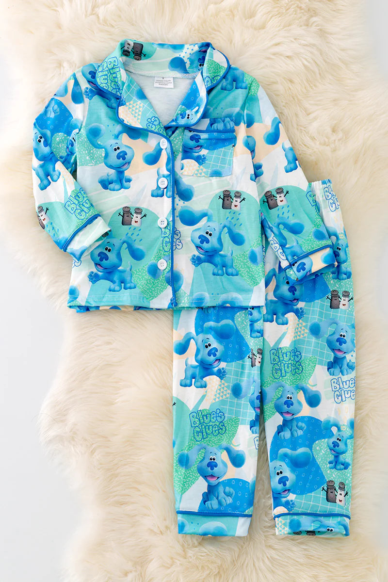 (Custom Design Preorder MOQ 5) Cartoon Dog Blue Print Girls Fall Buttons Pajamas Clothes Set