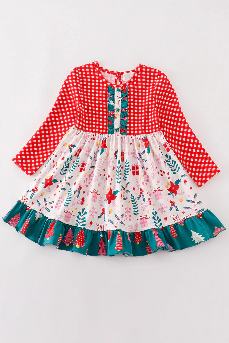 (Custom Design Preorder MOQ 5) Holly Trees Print Girls Christmas Knee Length Dress