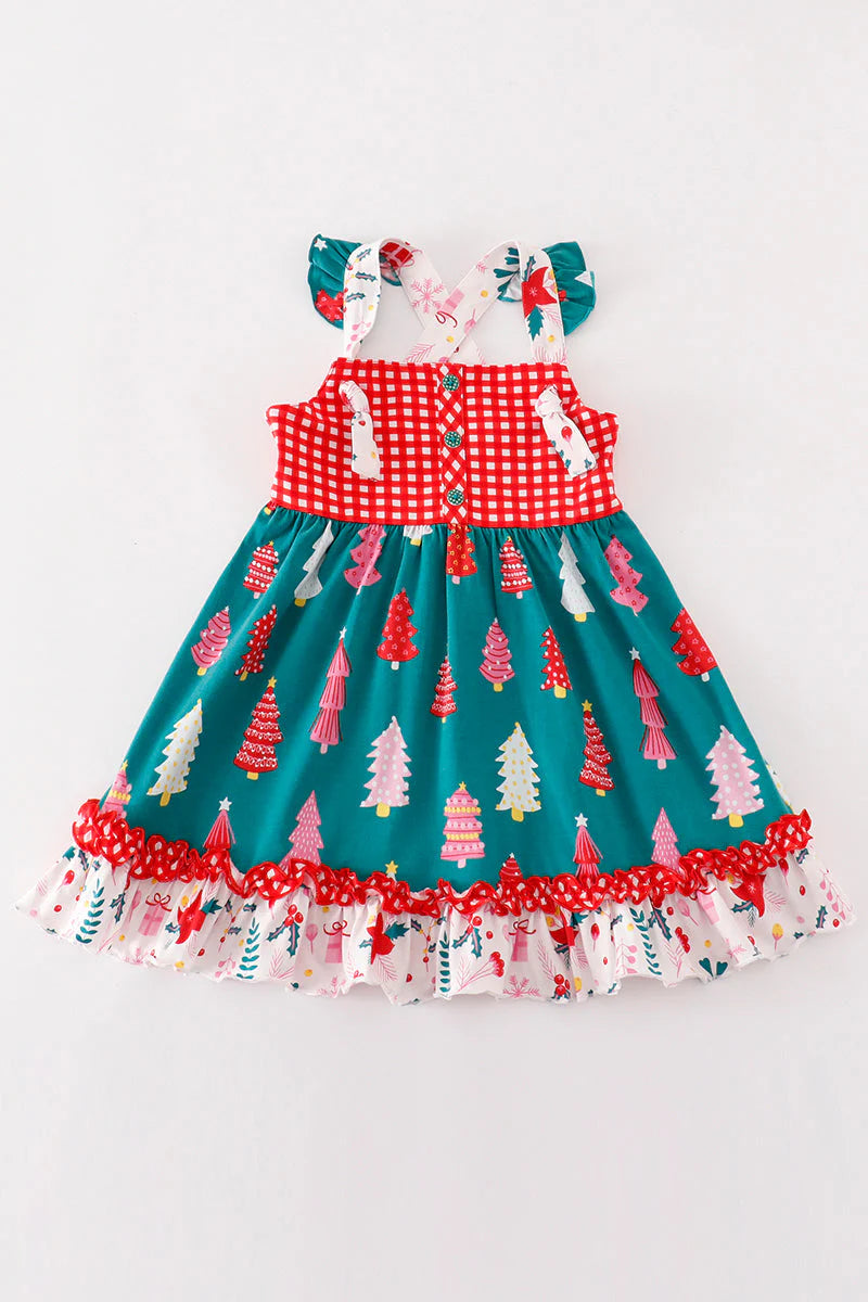 (Custom Design Preorder MOQ 5) Trees Print Girls Christmas Knee Length Dress