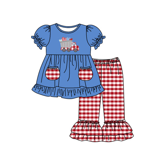 (Custom Design MOQ 5) Blue Construction Heart Print Red Plaid Pants Girls Pockets Valentine's Day Clothes Set