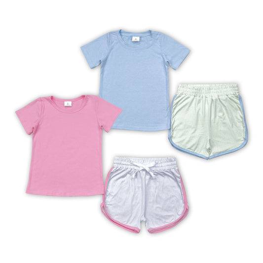 Blue & Pink Top Stripes Shorts Kids Summer Clothes Set Sibling Wear