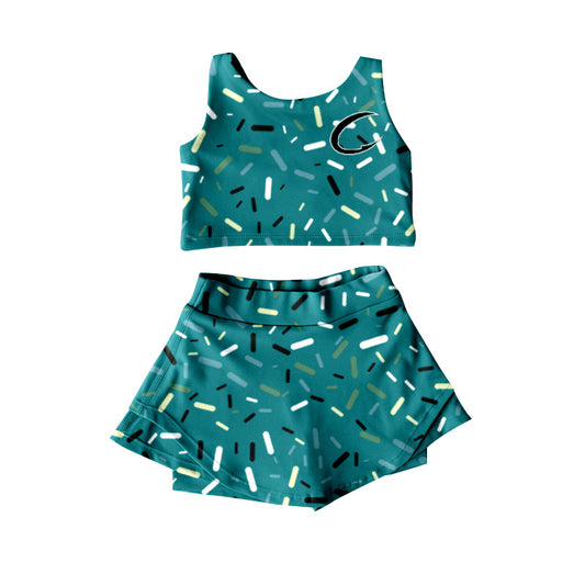 (Custom Design Preorder MOQ 5) Team's Crushers Sprinkles Green Print Shorts Skirts Girls Summer Yoga Clothes Set