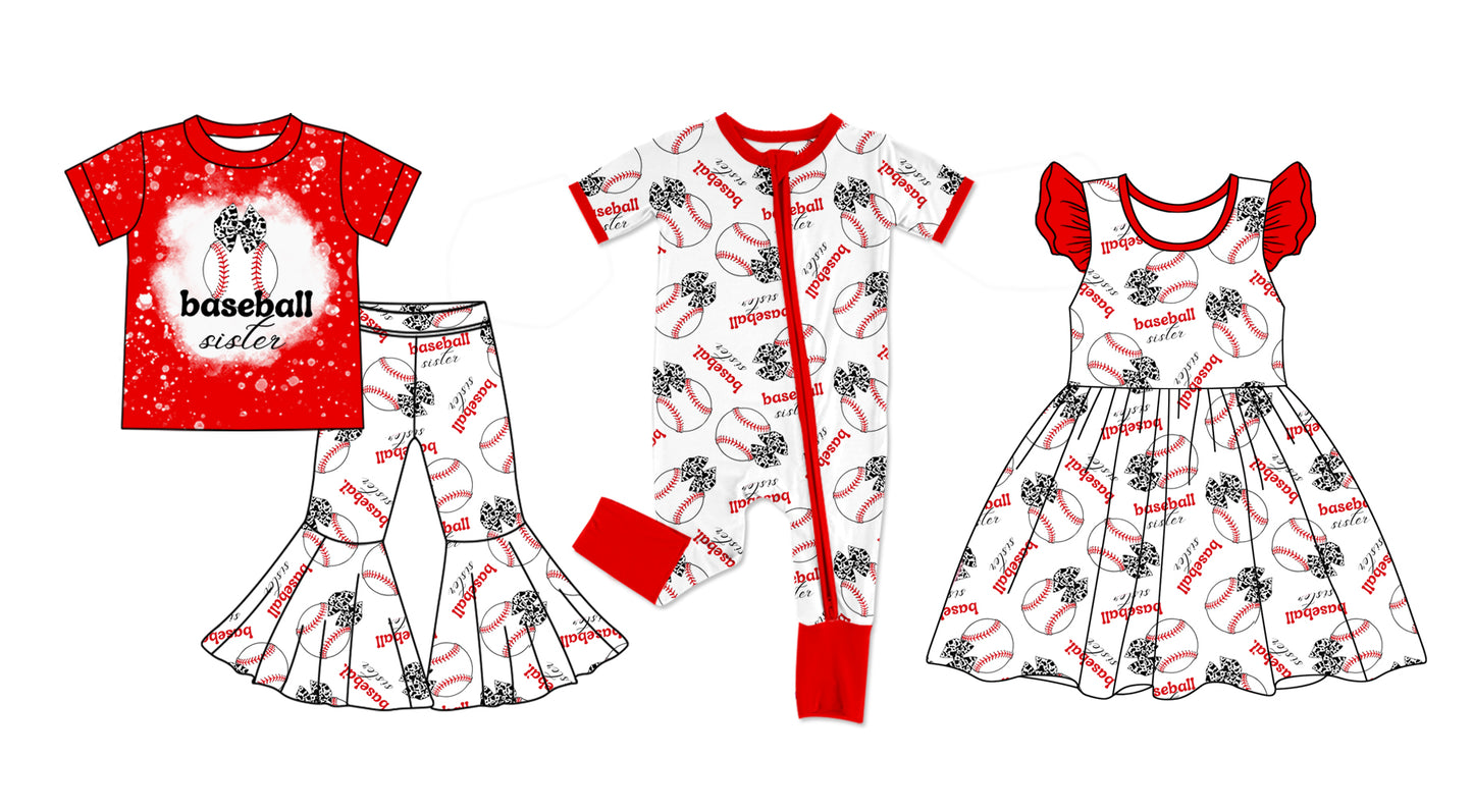 12.11(Custom Design Preorder MOQ 5 Each Design) Baseball Bows Print Girls Matching Clothes Sisters Wear