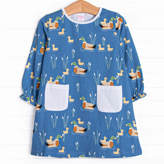 (Custom Design Preorder MOQ 5)  Blue Duck Print Girls Knee Length Fall Dress