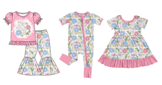 12.13(Custom Design Preorder MOQ 5 Each Design) Flowers Bunny Pink Print Girls Easter Matching Clothes Sisters Wear