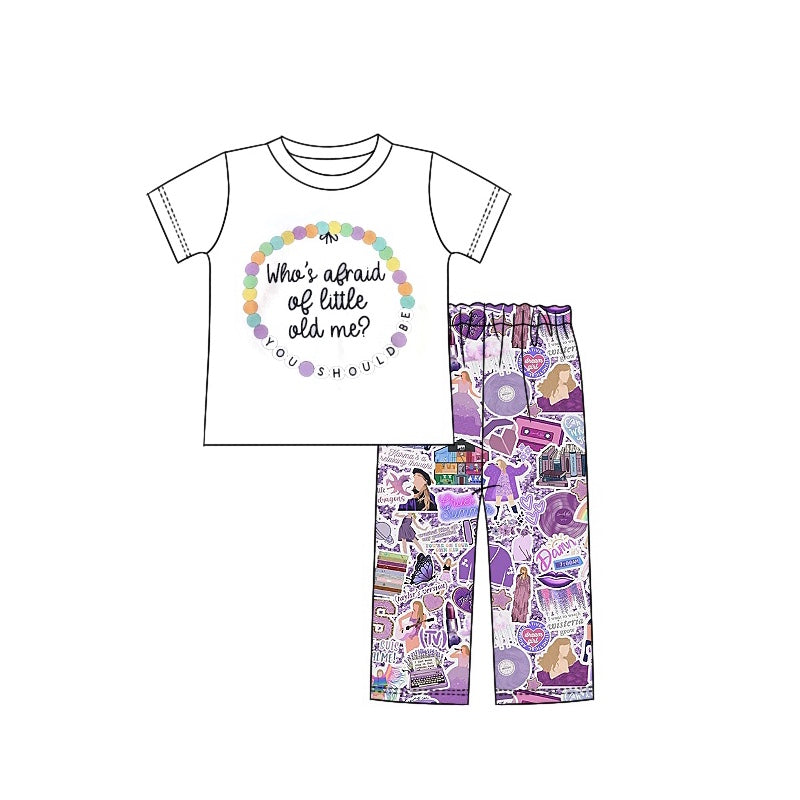 (Custom Design Preorder MOQ 5)  Singer Swiftie White Top Purple  Pants Girls Clothes Set