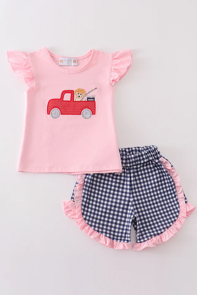 (Custom Design Preorder MOQ 5) Trucks Dog Pink Top Plaid Shorts Girls Summer Clothes Set