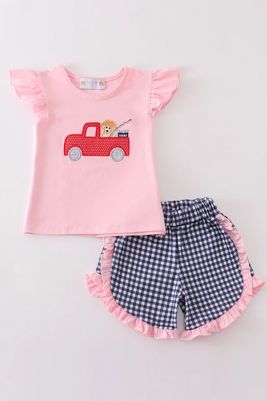 (Custom Design Preorder MOQ 5) Trucks Dog Pink Top Plaid Shorts Girls Summer Clothes Set