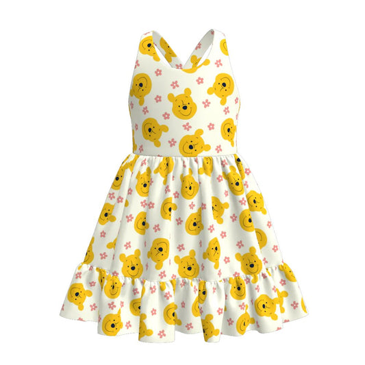 (Custom Design Preorder MOQ 5) Cartoon Bear Flowers Print Girls Summer Knee Length Dress