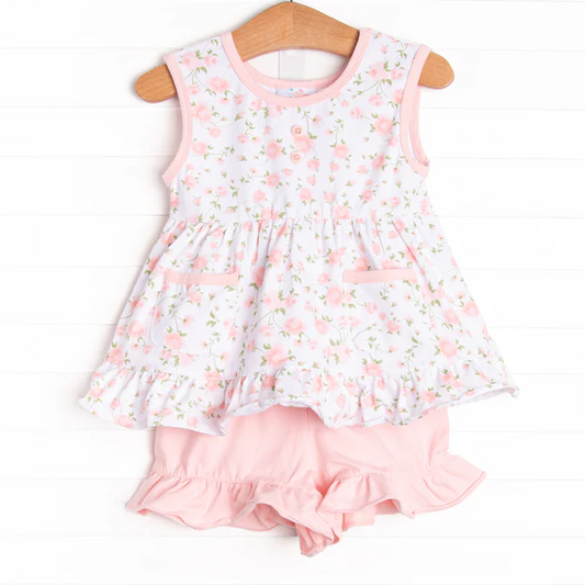 (Custom Design Preorder MOQ 5)  Pink Flowers Print Girls Summer Clothes Set