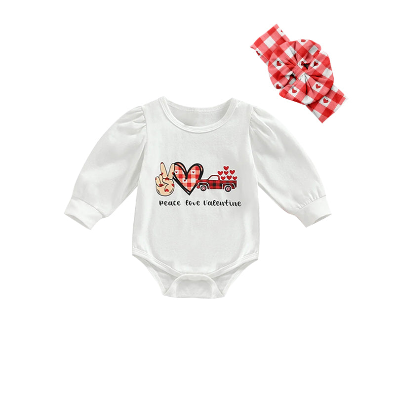 (Custom Design MOQ 5) Peace Love Truck Heart Print Baby Girls Valentine's Romper