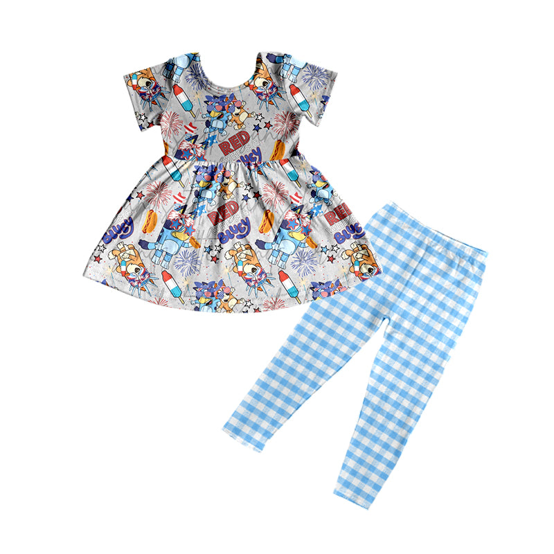 (Custom Design Preorder MOQ 5) Cartoon Dog Fireworks Print Tunic Top Blue Plaid Legging Pants Girls 4th of July Clothes Set