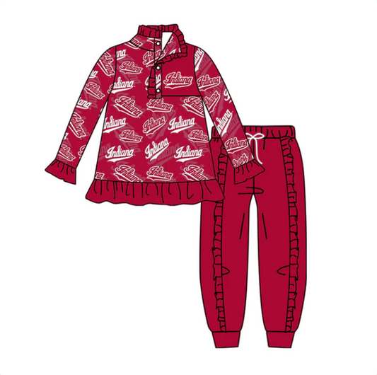 (Custom Design Preorder MOQ 5)  Team's INDIANS Red Pullover Top Ruffle Pants Girls Fall Clothes Set