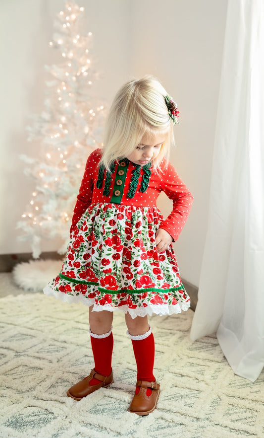 (Custom Design Preorder MOQ 5)  Red Flowers Print Girls Knee Length Christmas Dress