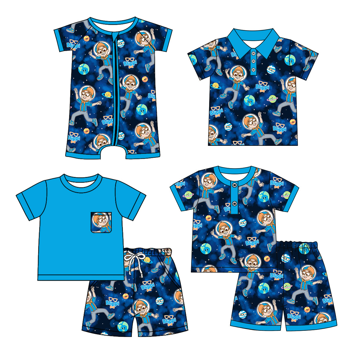 12.25(Custom Design Preorder MOQ 5 Each Design) Cartoon Teacher Blue Blipp* Print Boys Summer Matching Clothes Brothers Wear