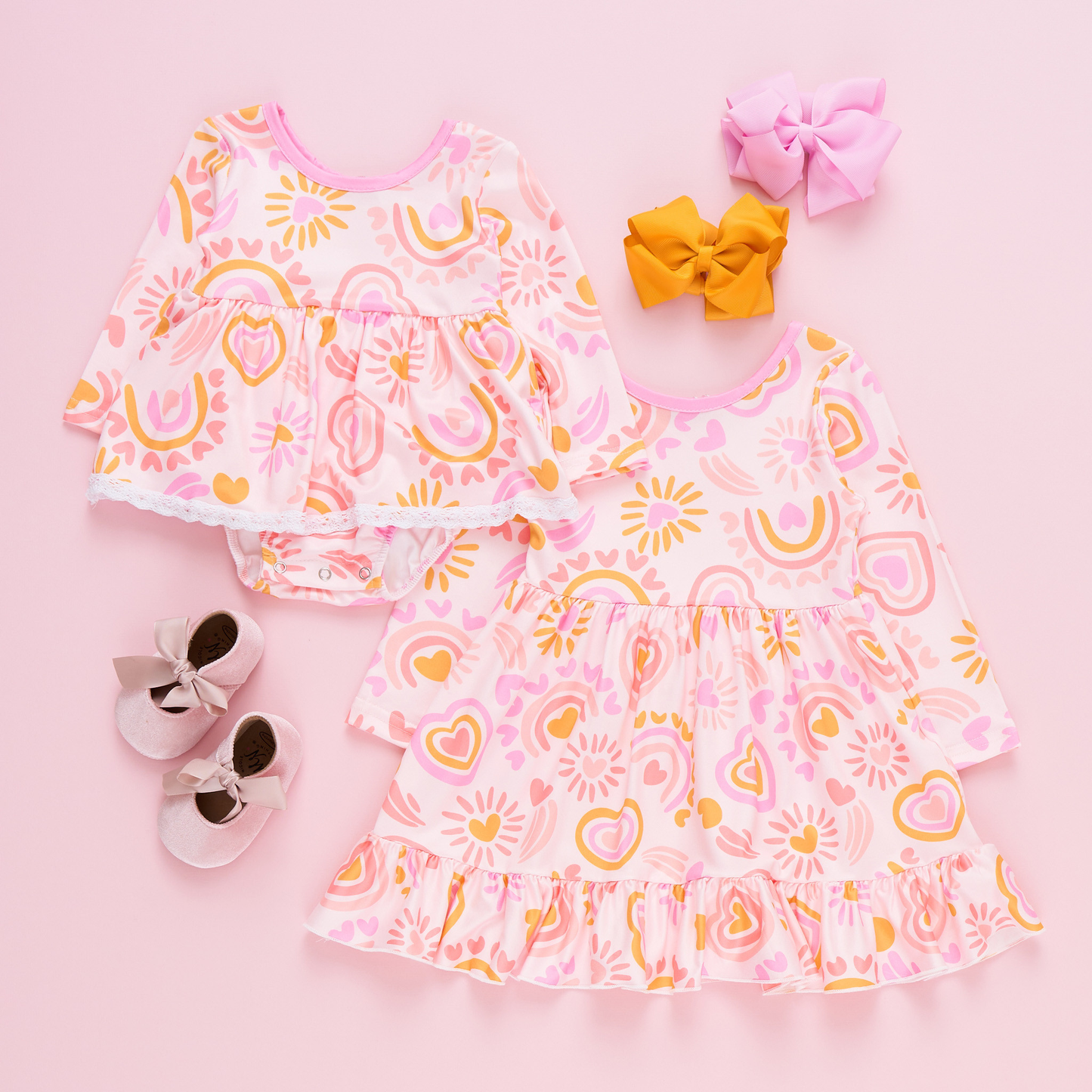 (Custom Design Preorder MOQ 5 Each Design) Pink Rainbow Hearts Print Girls Valentine's Day Matching Clothes Sisters Wear